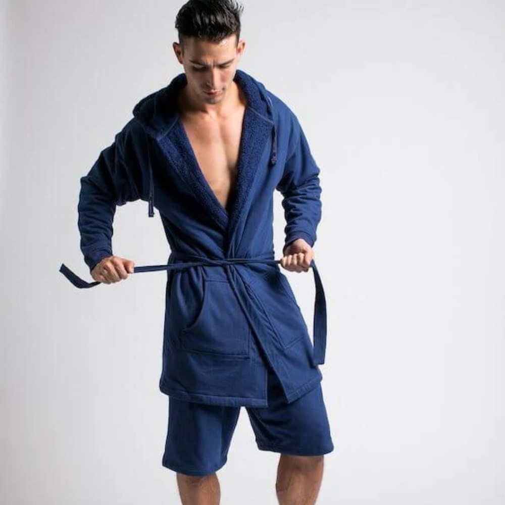 Dude Robe Luxury Men’s Hooded Bathrobe in navy, never worn